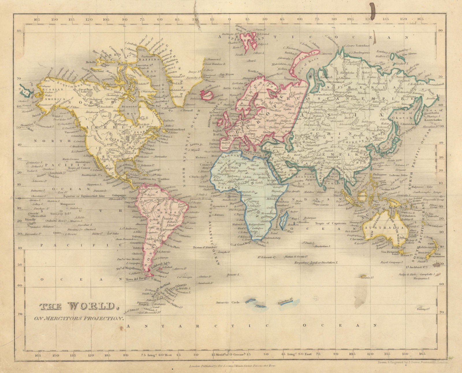 The World on Mercator's Projection by John Dower 1845 old antique map chart